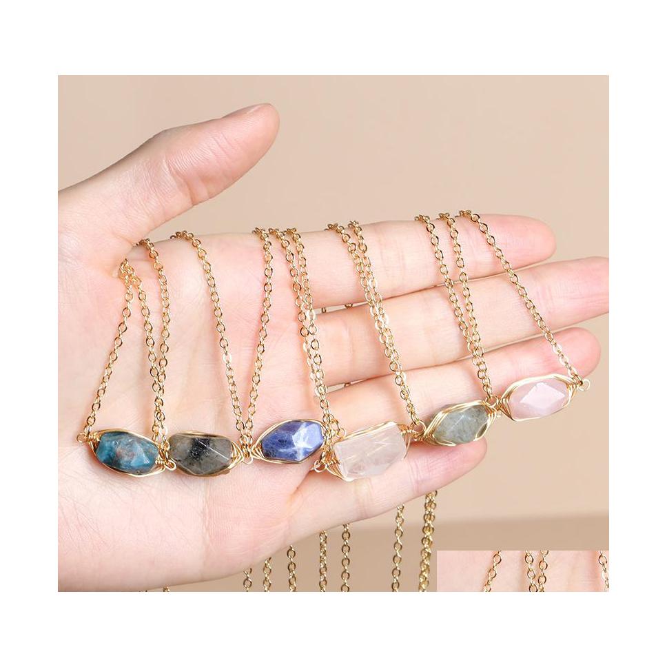 

Pendant Necklaces Irregar Druzy Crystal Natural Stone Necklace Gold Copper Wire Wrap Rose Quartz Chakra Healing Jewelry For Women Ca Dhi9T
