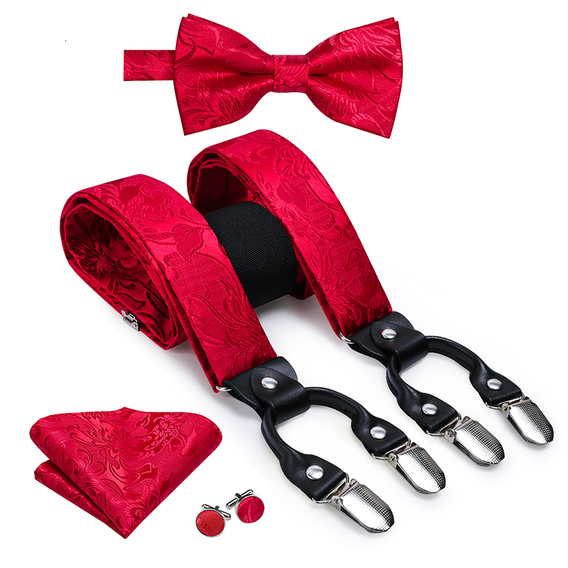 

Suspenders 100 Silk Adult Men's For Men Leather Metal 6 Clips Braces Classic Red Floral Vintage Elastic and Bow Tie 230217