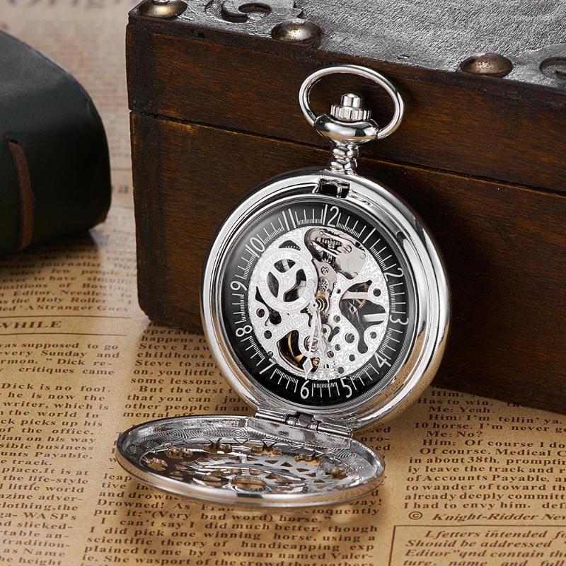 

Pocket Watches 2023 OUYAWEI Luxury Mechanical Hand Wind Watch Mens Stainless Steel Silver Case Steampunk Hombre Relogio, White