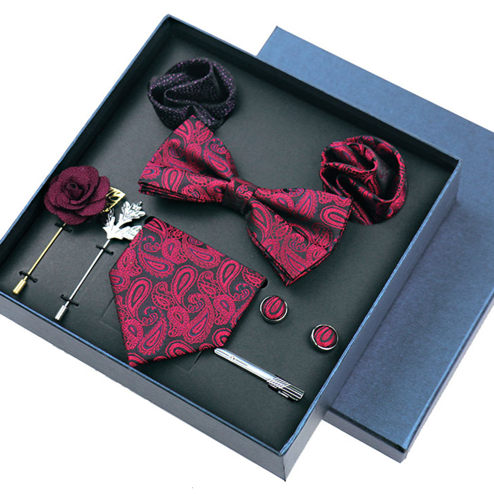 

Bolo Ties Luxury Tie Necktie Set Gift Box With Bowties Handkerchief Cufflink Clip Brooches Suit For Men Banquet Wedding Accessories 230217