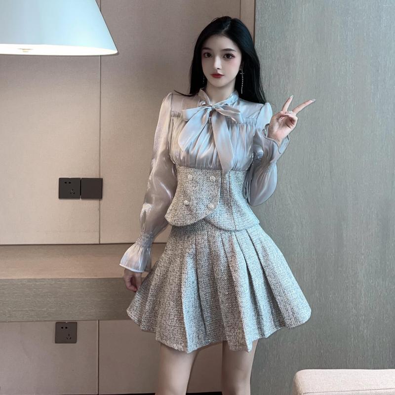 

Work Dresses Runway Spring French Puff Sleeve Sweet Chiffon Splicing Bow Top High Waist Pleated Tweed Skirt Suit, Blue