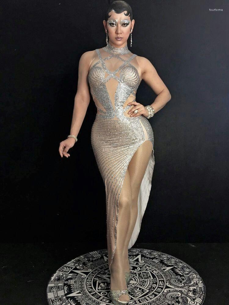 

Stage Wear Sparkly Crystals Long Dress Women's Sexy Evening Party Costume Women Silver Rhinestones Nude Color Celebrate Dresses, Picture shown