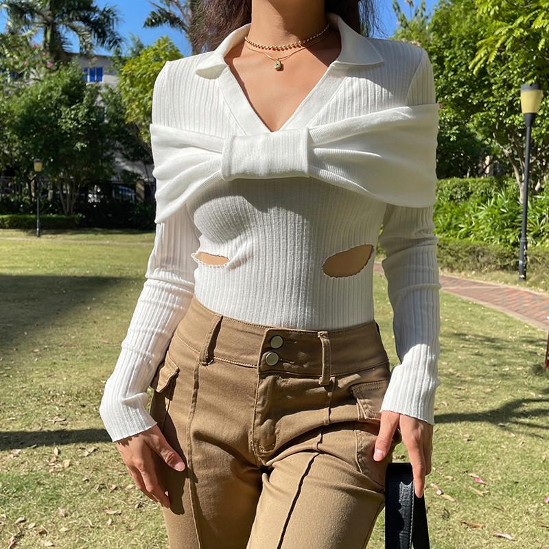 

Women' T Shirts Spring Fall Ribbed Knit Lapel T-shirts Women Solid Cut Out Long Sleeve V Neck Bow Front Slim Fit Crop Tops Female Y2K, White