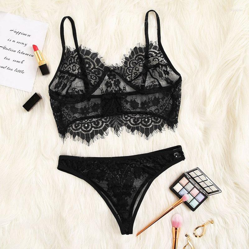 

Bras Sets 2023 Sexy Lingerie Women Split Lace Transparent Panties Suspenders Temptation Suit Wholesale, Black