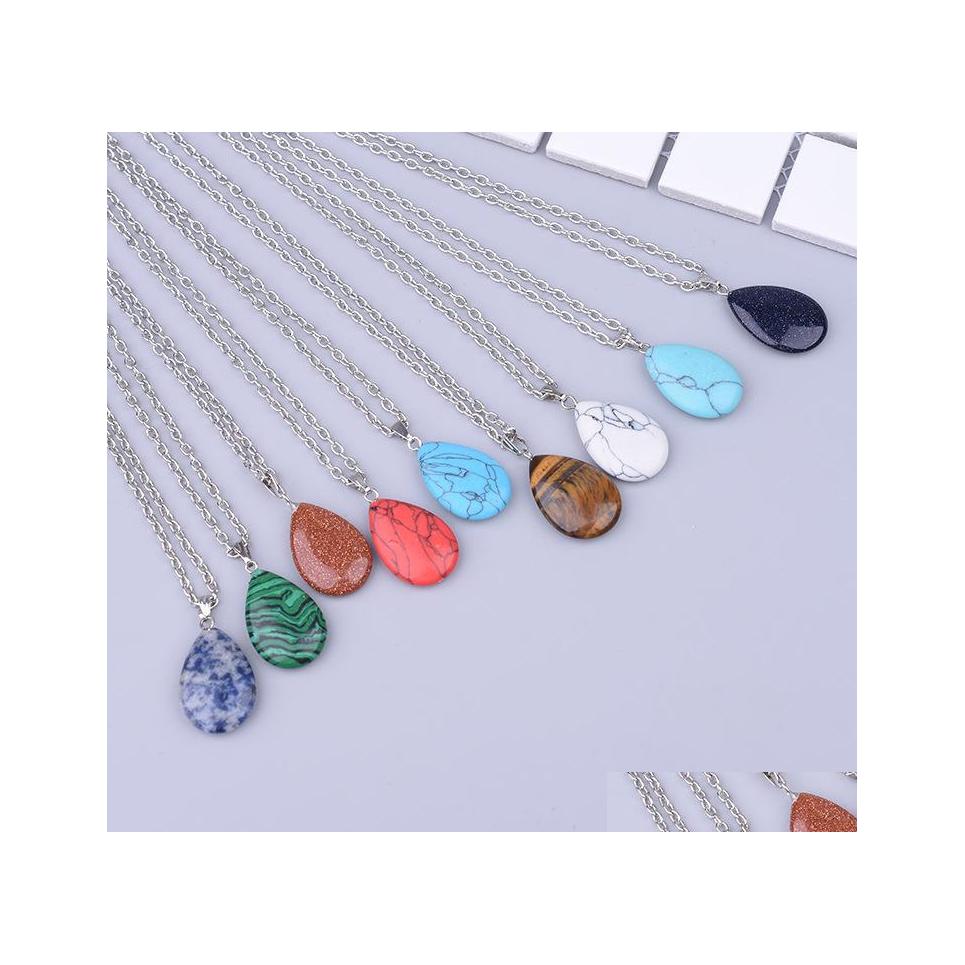 

Pendant Necklaces Fashion Women Natural Stone Water Drop Shape Turquoise Opal Druzy Drusy Necklace With 50Cm Stainless Steel Chain D Dhfa0