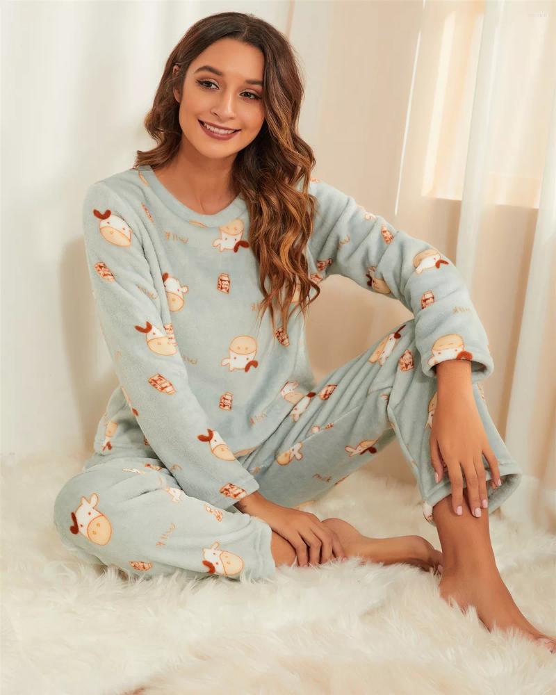 

Women' Sleepwear Winter Warm Flannel Pajama Sets Women Cute Cow Printed Long Sleeve Nightwear Soft Tops Pants Loungewear Homewear
