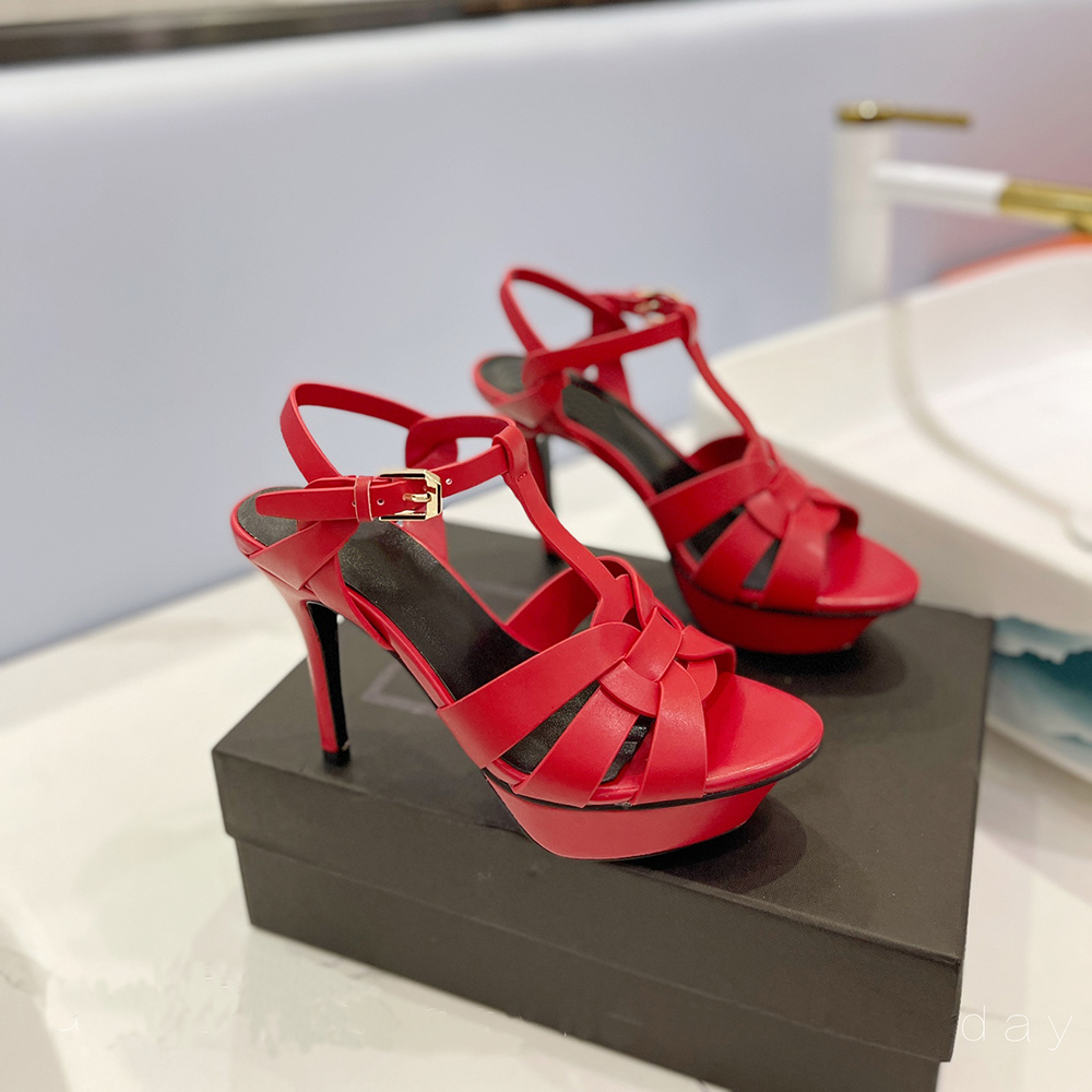 

Waterproof platform stiletto sandals Women's ankle strap lacquer leather weaving buckle evening dress shoes Luxury designer high shoes factory footwear with box, Red