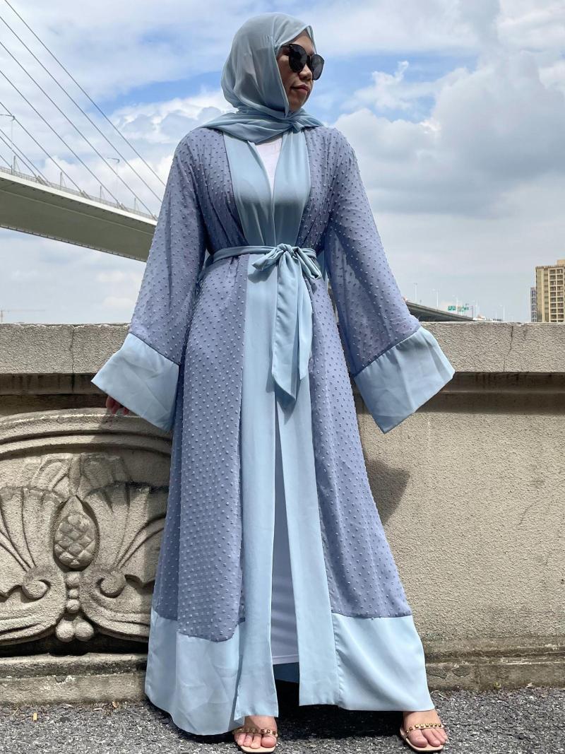 

Ethnic Clothing Ramadan Eid Spot Design Muslim Dress Dubai Fashion Mesh Abaya Turkey Kimono Islam Robe WY1119