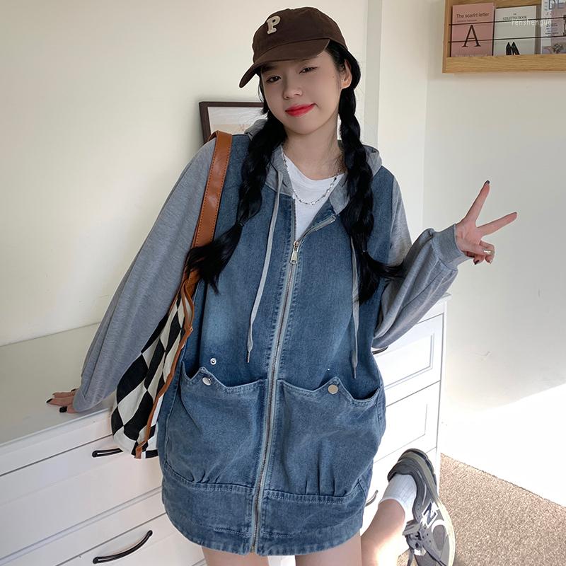 

Women's Jackets 2023 Autumn Winter Coat Long Sleeve Loose Hooded Denim Panel Vintage Design Fashionable Versatile Jacket Free Shiping, Blue
