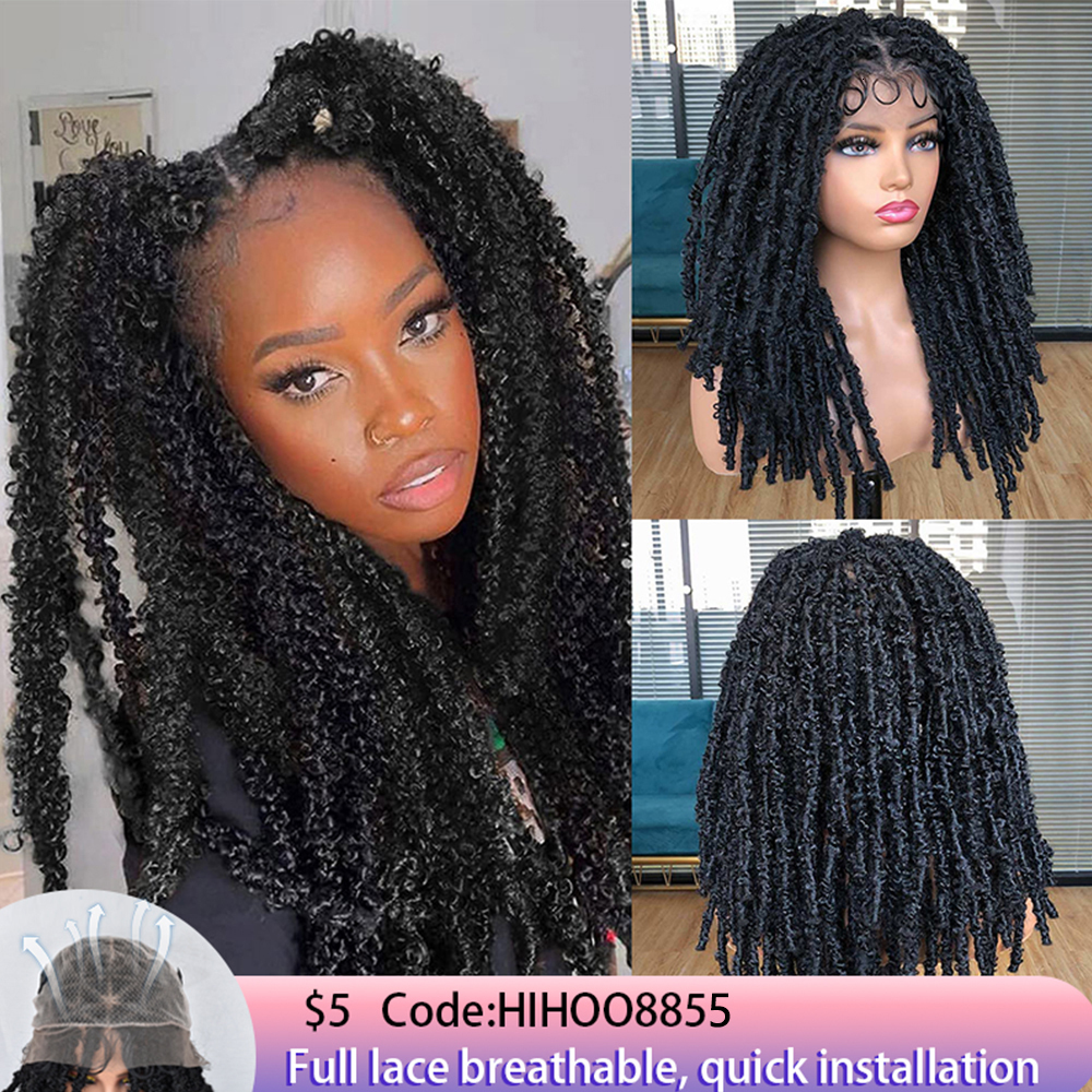 

Human Hair Wigs Butterfly Locs Crochet Full Lace Front 20Inch Hand braided Faux Braids Messy With Baby for Women 230217, Ombre color