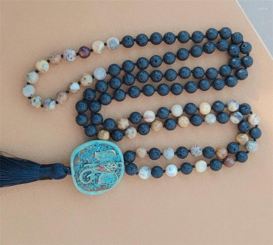 

Chains 8mm Volcanic Stone 108 Beads Tassel Knotted Necklace Wrist Handmade Elegant Cuff Wristband Healing Bracelet Pray Buddhism Fancy