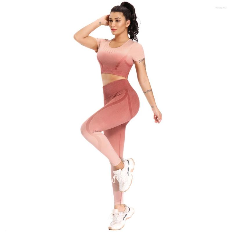 

Active Sets Two-Piece Fitness Clothing Women Seamless Leggings Set High Waist Gradient Sports Wear For Gym Stretch Yoga Tights Workout Suit, Pink pant