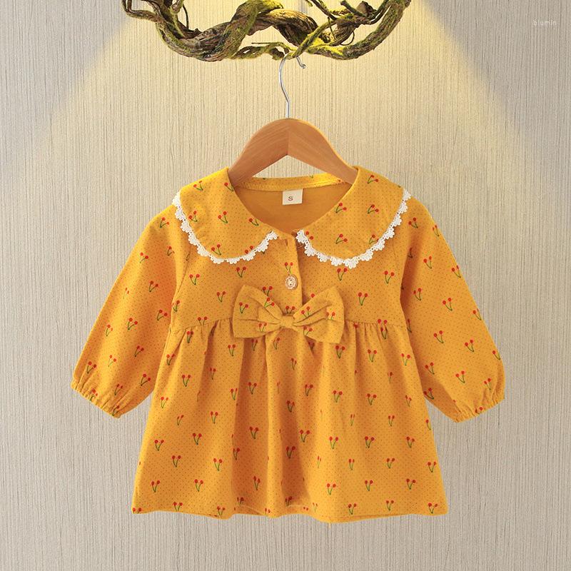 

Girl Dresses Baby Dress 2023 Spring And Autumn Skirt Cherry Big Bow Long Sleeve, Yellow