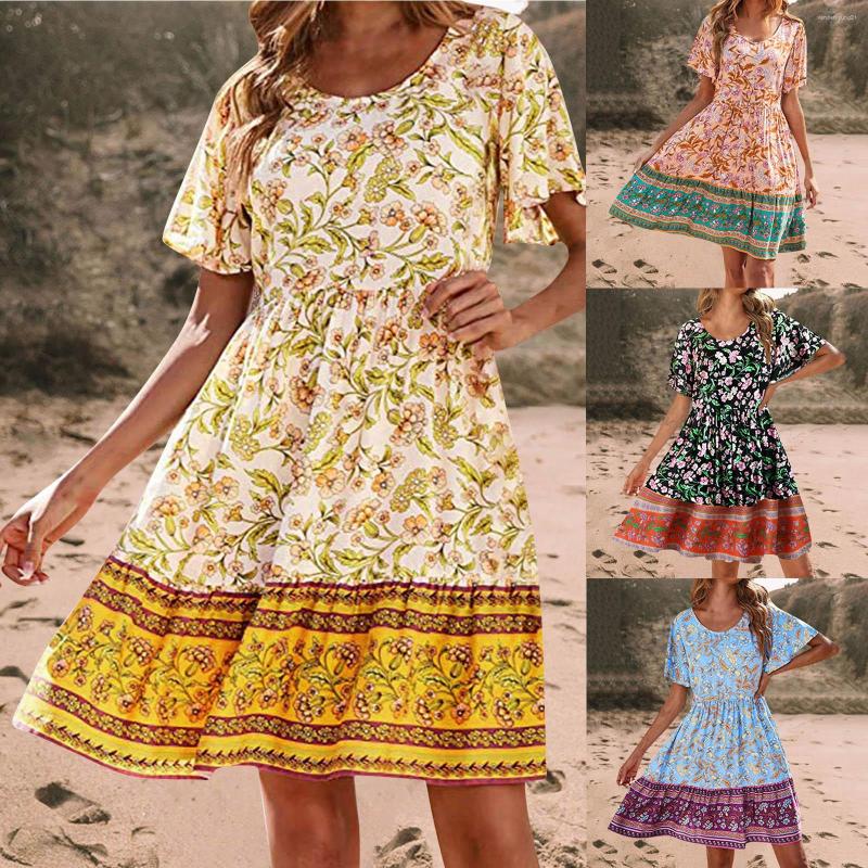 

Party Dresses 2023 Women's Summer Floral Print Ruffle Mini Dress Short Sleeve Elastic Waist Casual A Line Swing Beach Sundress Female, Black