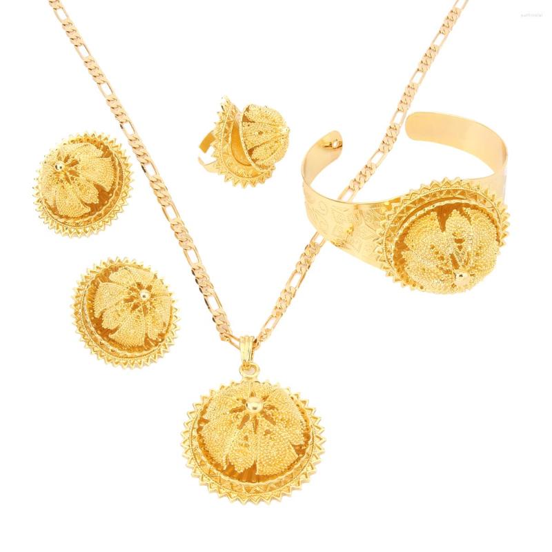

Necklace Earrings Set Ethiopia Gold Color Bride Wedding Big Pendant Bangle Earring Ring Africa Eritrea Habesha Jewelry, Picture shown