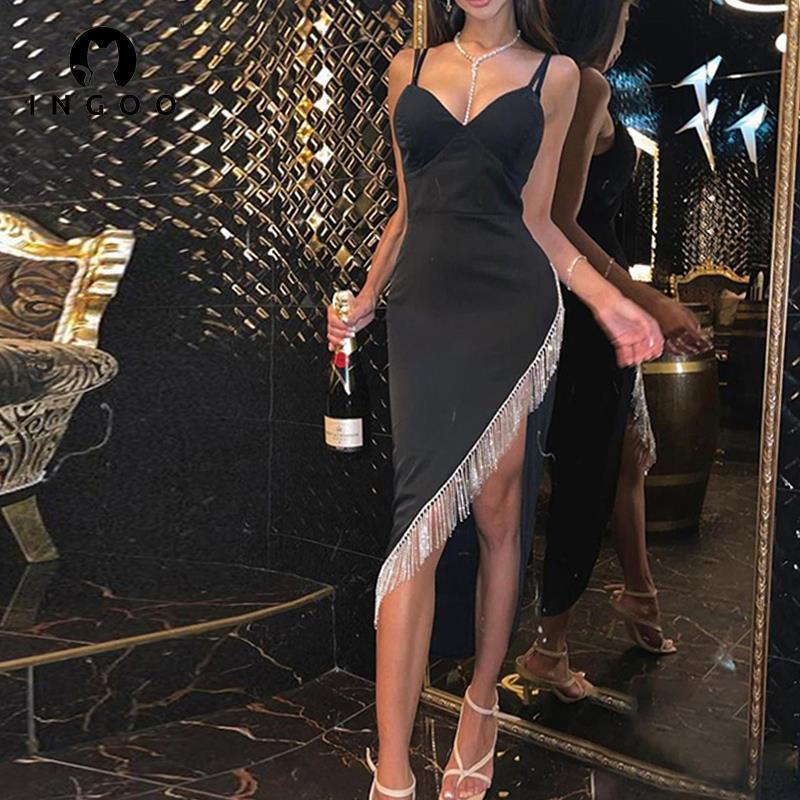 

Casual Dresses INGOO Elegant Irregular Fringed Diamond Party Night Dress Women Sexy Spaghetti Strap Backless Midi Bodycon Club Outfits 230217, Black