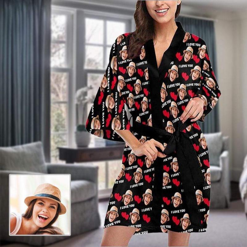 

Women's Sleepwear Custom Face I Love You Women Short Kimono Robe Black Background Personalized Gift Female Indoor Autumn Soft Pajama Set