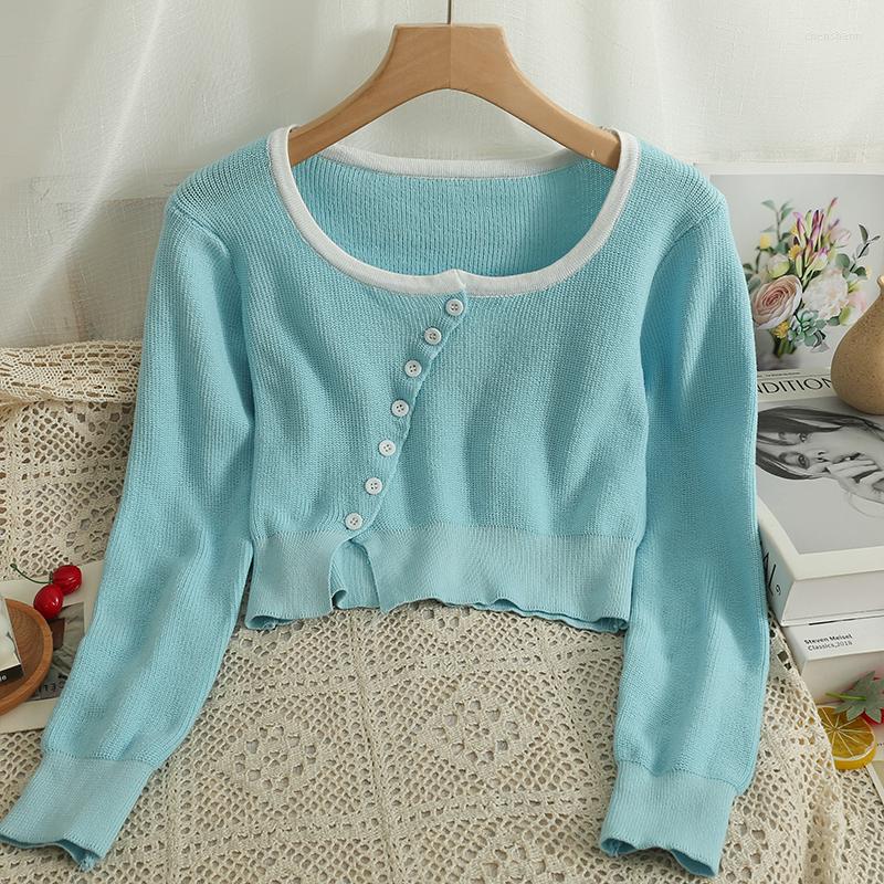 

Women's Knits Spring Autumn Fashion Long Sleeve Sweaters For Women Korean All-Match Slim O-Neck Knitted Tops 2023, Sky blue