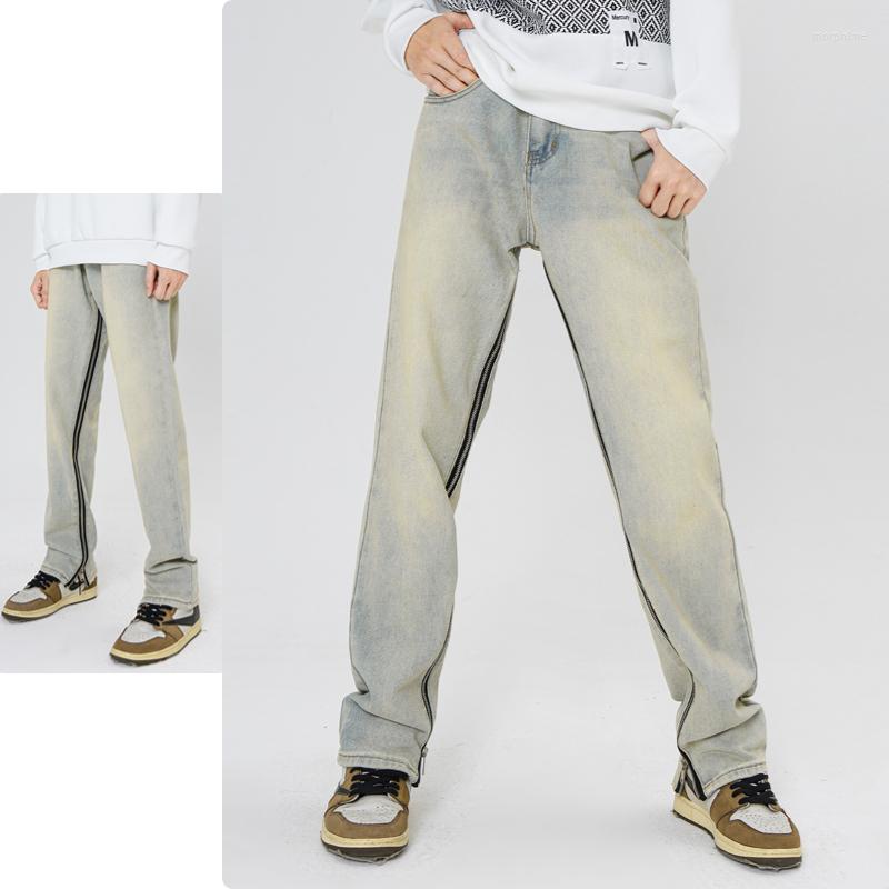 

Men' Jeans Spring 2023 Y2k Baggy Men Hip Hop Loose Straight Casual Harajuku Chain Decoration Versatile Comfortable Trousers, Mud yellow