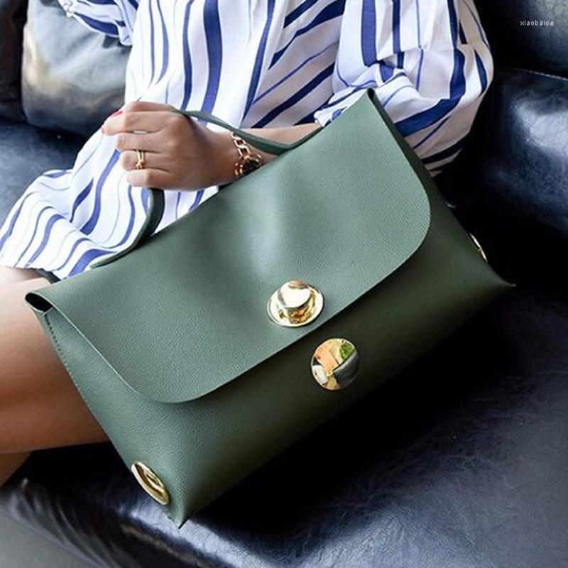 

Evening Bags Metal Round Buckle Decoration Leather Handbag For Women 2023 Fashion Simple Solid Color Large Capacity Shoulder Bag, Khaki