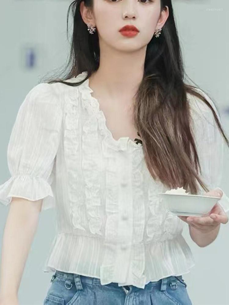 

Women' Blouses Women' French Ruffles Puff Sleeve Shirt Single-Breasted White ShortShirt