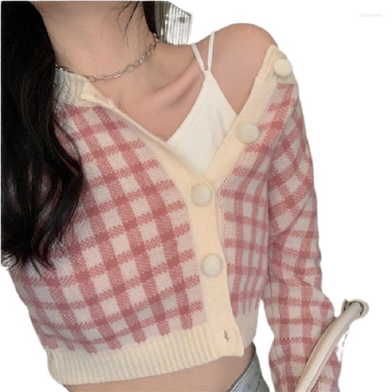 

Women's Knits Plaid Round Neck Knitted Cardigan Short Korean Style Long Sleeves