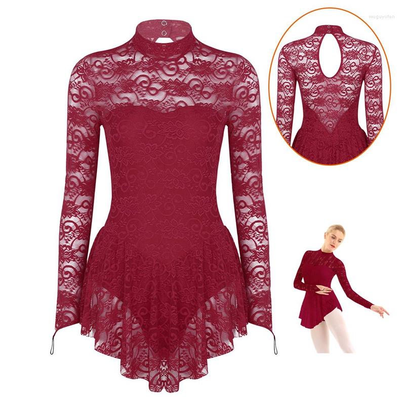 

Stage Wear Women Ballet Dance Dress Long Sleeves Floral Lace Chiffon Gymnastics Workout Leotard For Lyrical Dancewear Performance, Black