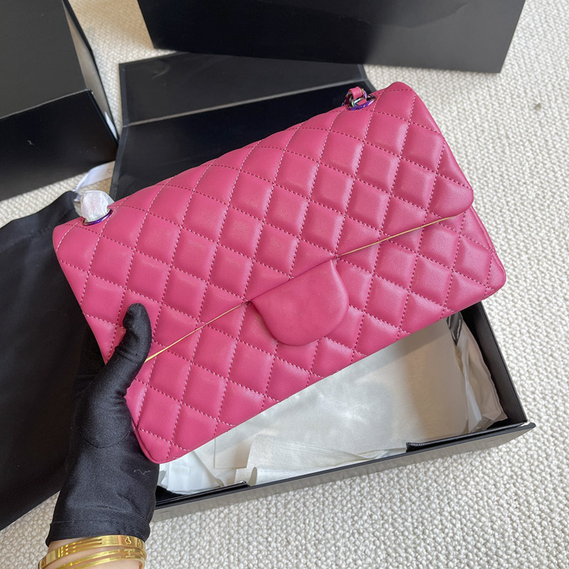 

25CM Classic Double Flap Shoulder Bags Colorful Silver Metal Hardware Chain Designer Bag Lambskin Diamond Quilting Luxury Quilted Patchwork, Red