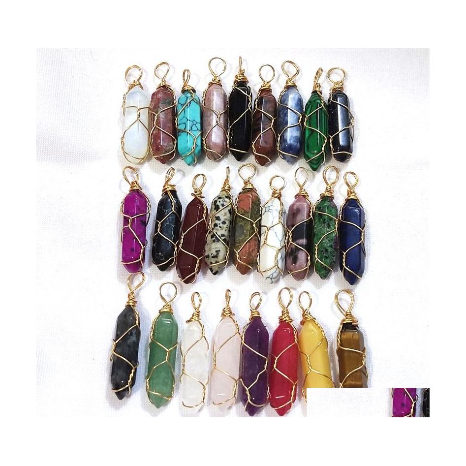 

Charms Gold Wire Wrap Natural Stone Rose Quartz Mixed Pillar Shape Point Chakra Pendants For Jewelry Making Yydhhome Drop Delivery F Dhvtn