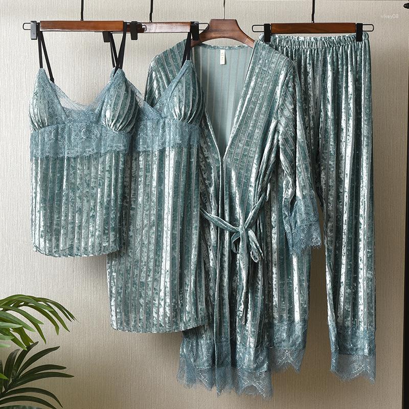 

Women's Sleepwear Velour Lace Trim Pajamas 4PCS PJS Women Outfits Spring Stripe Kimono Robe Gown Suit Strap Nightdress With Breast Pad, Black