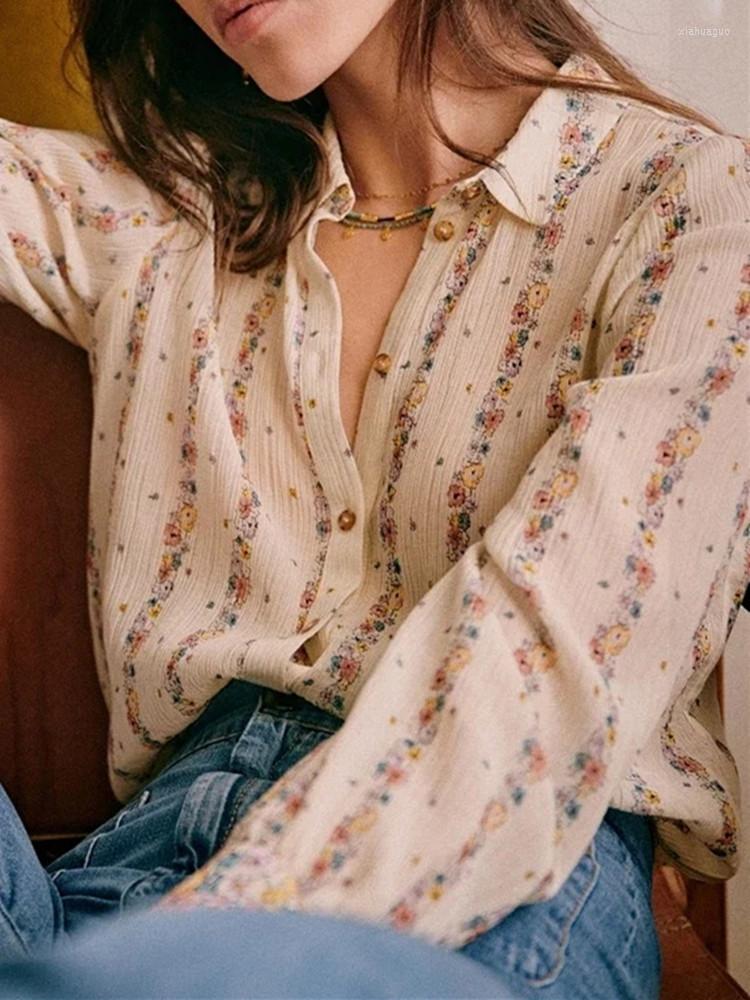 

Women' Blouses 2023 Spring Summer Women' Blouse Vintage Floral Stripes Print Long Sleeve Shirt Turn Down Collar Single-Breasted Top
