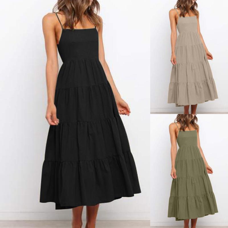 

Skirts Summer Strappy Party Dresses Women Solid Color Suspenders Backless Evening Boho Maxi Long Dress Female VestidosSkirts, Beige