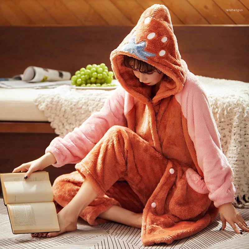 

Women's Sleepwear Soft Nightwear Cute Hooded Pajamas Set Female 2 Pieces Shirt&Pants Flannel Lounge Wear Casual Home Clothes Pyjamas, Orange