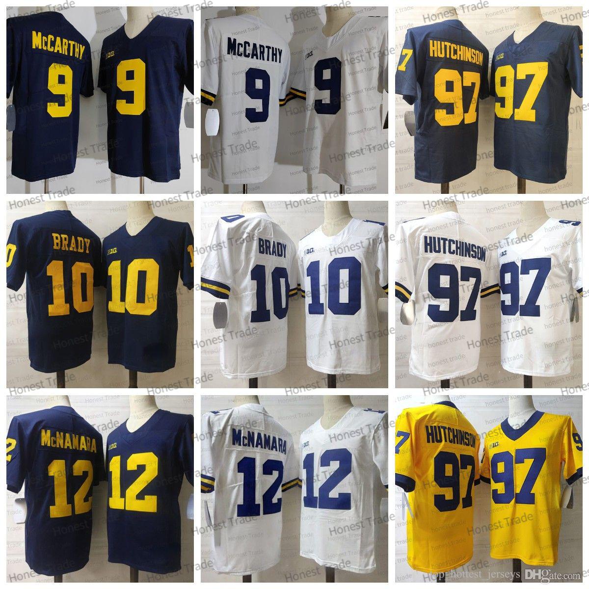 

NCAA 9 Mccarthy Football Jersey 12 Mcnamara 10 Tom Brady 97 Aidan Hutchinson Yellow Blue White Michigan College Mens Jerseys Stitched, Men;as