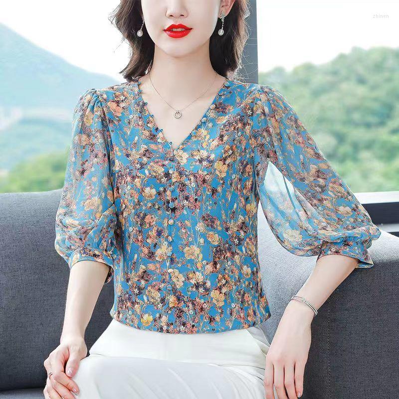

Women's Blouses Elegant Print Floral Blouse Shirts Women Casual Female Clothes Office Lady Fashion V-neck V126, Blue