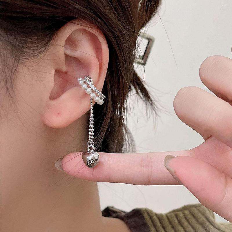 

Backs Earrings French Chain Tassel Love Heart Pendant Without Earhole No Piercing Clip On For Women Charms Cuff Ear Jewelry Gift