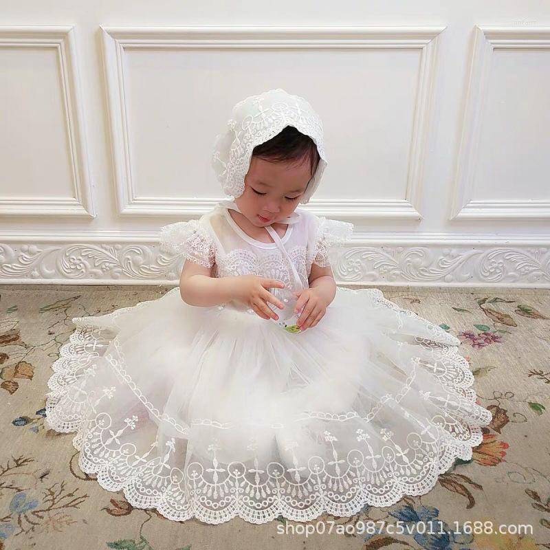 

Girl Dresses Baby Girls Rustic Lace Dress For Born Flare Sleeve White Baptism Costume Hat Hallow Out Wedding Flower