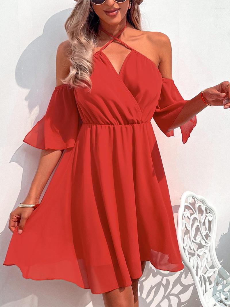 

Party Dresses Women Halter Dress With Ruffle Short Sleeve Sexy Solid Color Off Shoulder Summer 2023 Holiday Female Outfits Clothing, Black