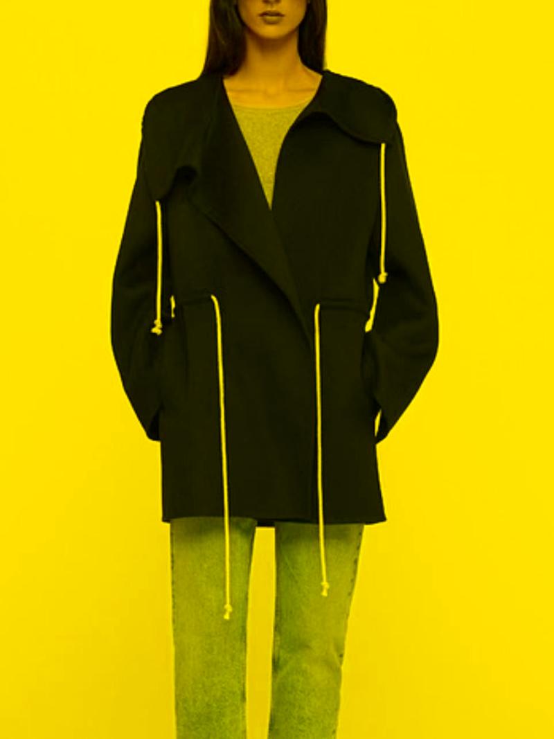 

Women's Jackets Women Wool Hooded Drawstring Windbreaker Coat Lady Solid Color British Style Elastic Waist JacketWomen's