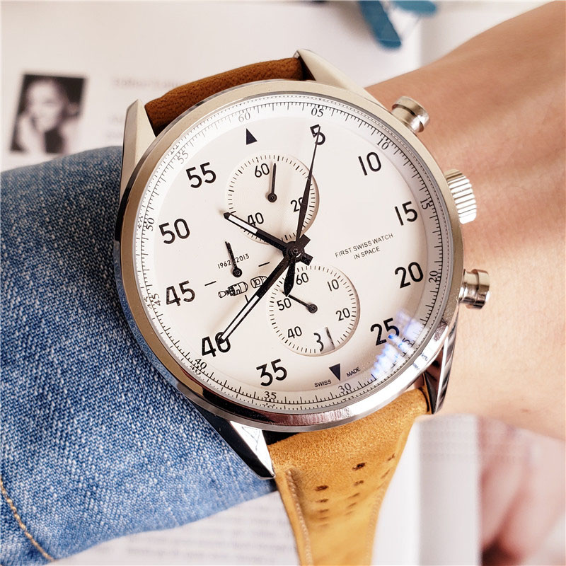 

Top men's binocular timing quartz watch white dial calendar casual style