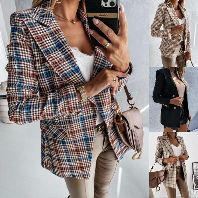 

Women' Suits & Blazers Autumn Suit Jacket Women Casual Fashion Double Breasted Plaid Blazer Female Print Temperament Commuter Wear, Black