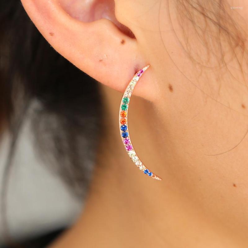 

Stud Earrings Crescent Moon Earring Rose Gold Color 925 Sterling Silver Metal Elegance Rainbow Cz Double Horn Girl Gift