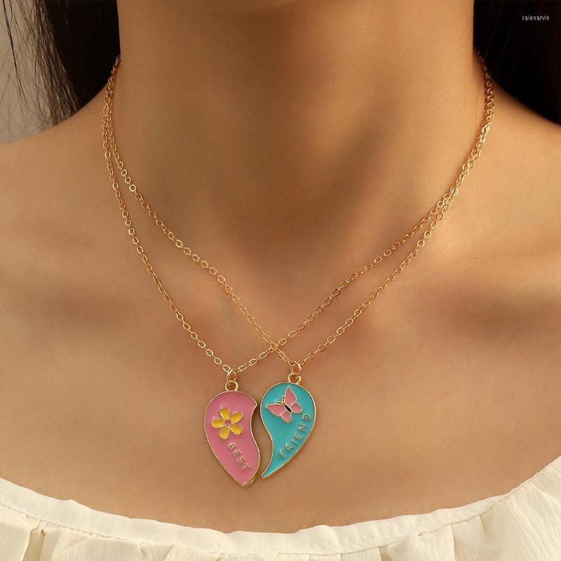 

Chains 2Pcs/Set Fashion Friends Love Couple Pendant Necklace Blue Pink Flower Good Neck Jewelry Gifts
