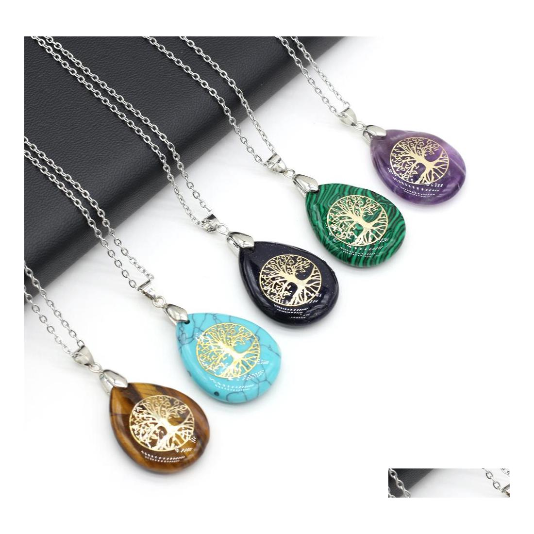 

Pendant Necklaces Tree Of Life Pattern Reiki Healing Crystal Energy Waterdrop Stone Quartz Fashion Women Men Jewelry Wholesale Drop Dhfd8