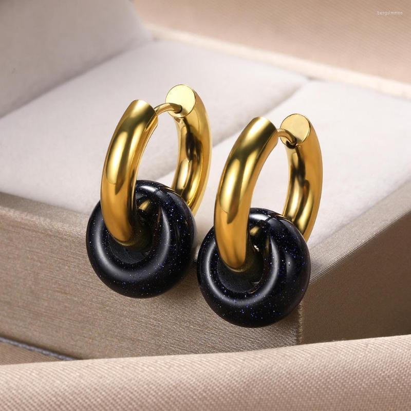 

Hoop Earrings Modern In Women's Earring Small Stainless Steel Hoops Gold Color Metal Black Natural Stone Jewelry Or Women