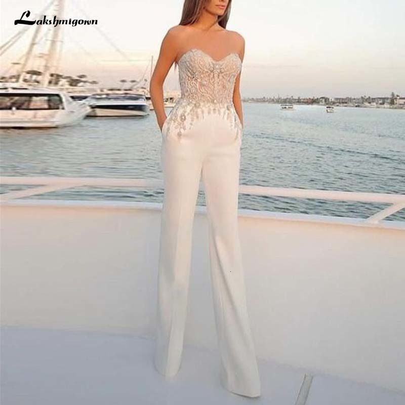 

Party Dresses Modest 2023 Jumpsuit Beach Wedding Sweetheart Pants Satin Lace Appliques Country Bridal Gowns 230217, Customize color