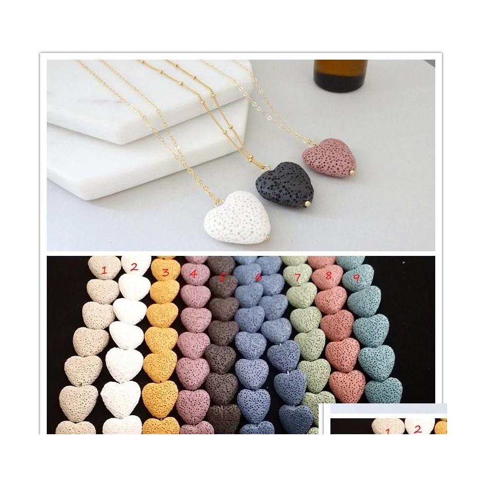 

Pendant Necklaces Fashion Gold Plated O Chains 10Colors Love Heart Lava Stone Necklace Aromatherapy Essential Oil Diffuser For Women Dhq6D