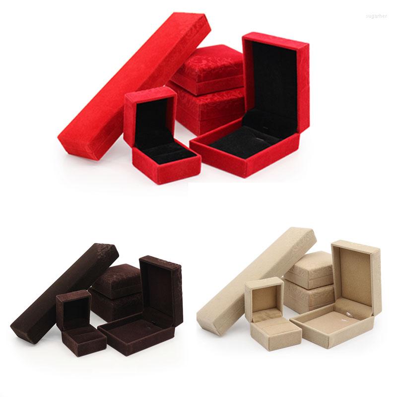 

Jewelry Pouches Red Bump Rose Print Velvet Necklace Ring Box Bracelet Storage Case Beige Coffer Wedding Gift Packaging 4pcs
