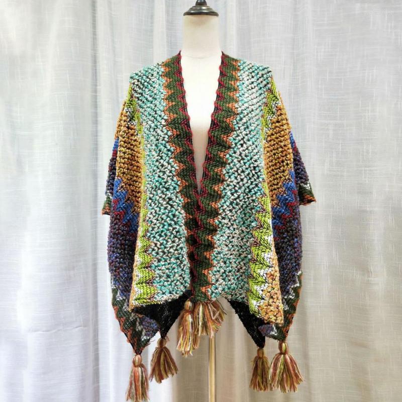 

Women's Knits Vintage Shawl Scarf Knitting Bohemian Tassel Lady Poncho Sweaters Cardigan Casual Half Sleeve Women Capes Autumn Cloak, Green