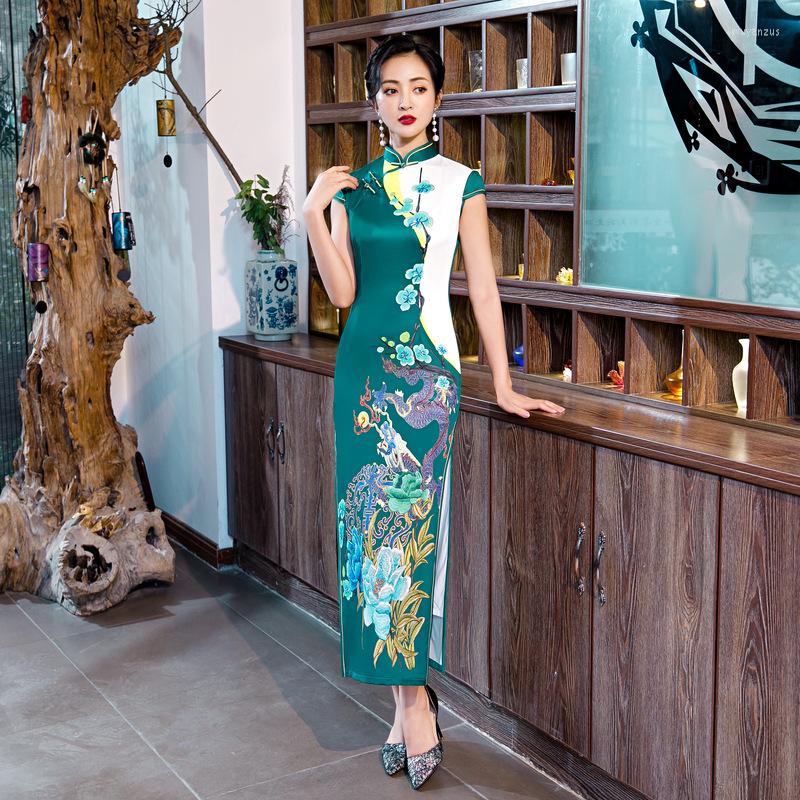 

Ethnic Clothing Plus Size 5XL Women Elegant Dresses Chinese Cheongsam Long Satin Dress Banquet Qipao Flower Robe Orientale